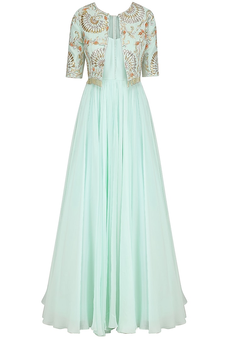 Ice Blue Anarkali and Embroidered Jacket by Dinesh Malkani