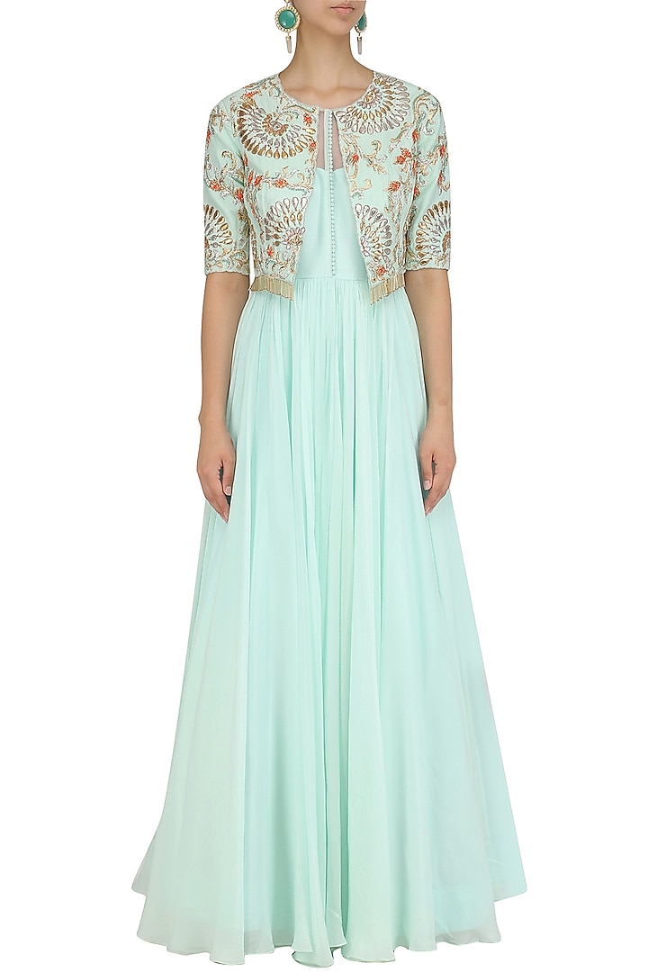 Ice blue anarkali and embroidered jacket hai available only at Pernia's Pop Up Shop.