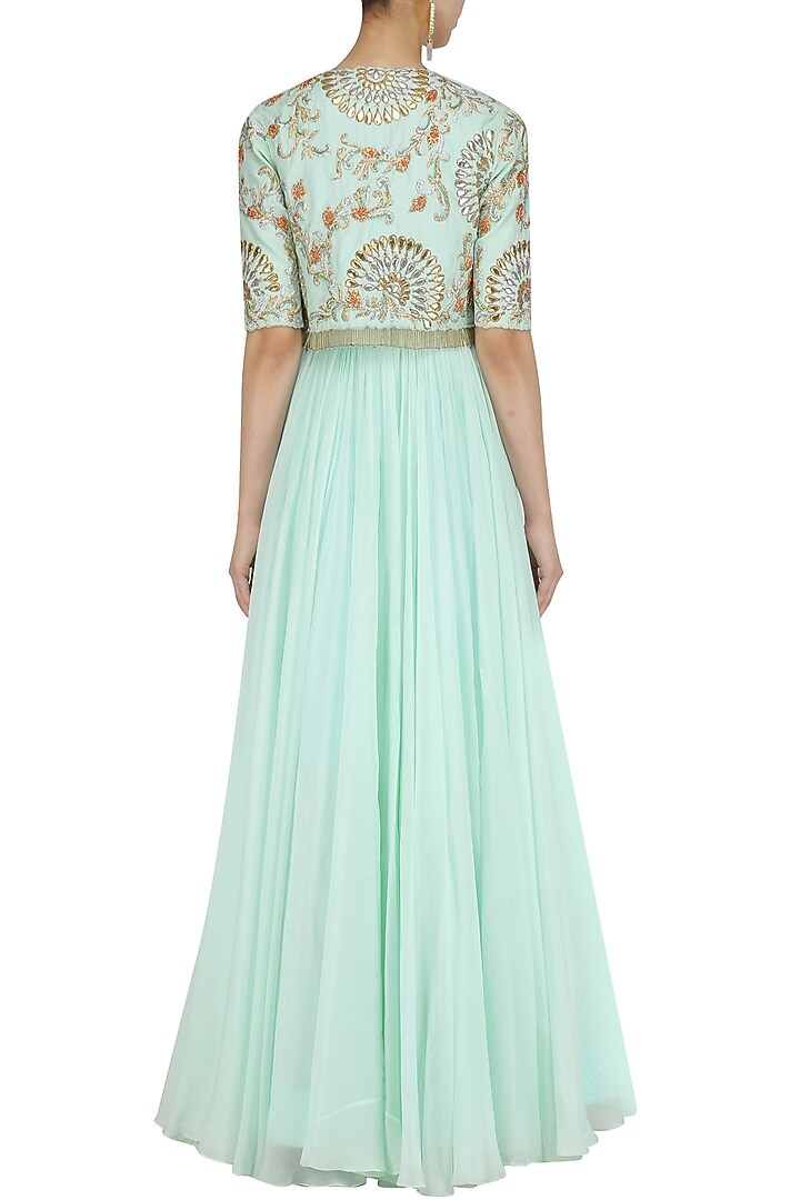 Ice blue anarkali and embroidered jacket hai available only at Pernia's Pop Up Shop.
