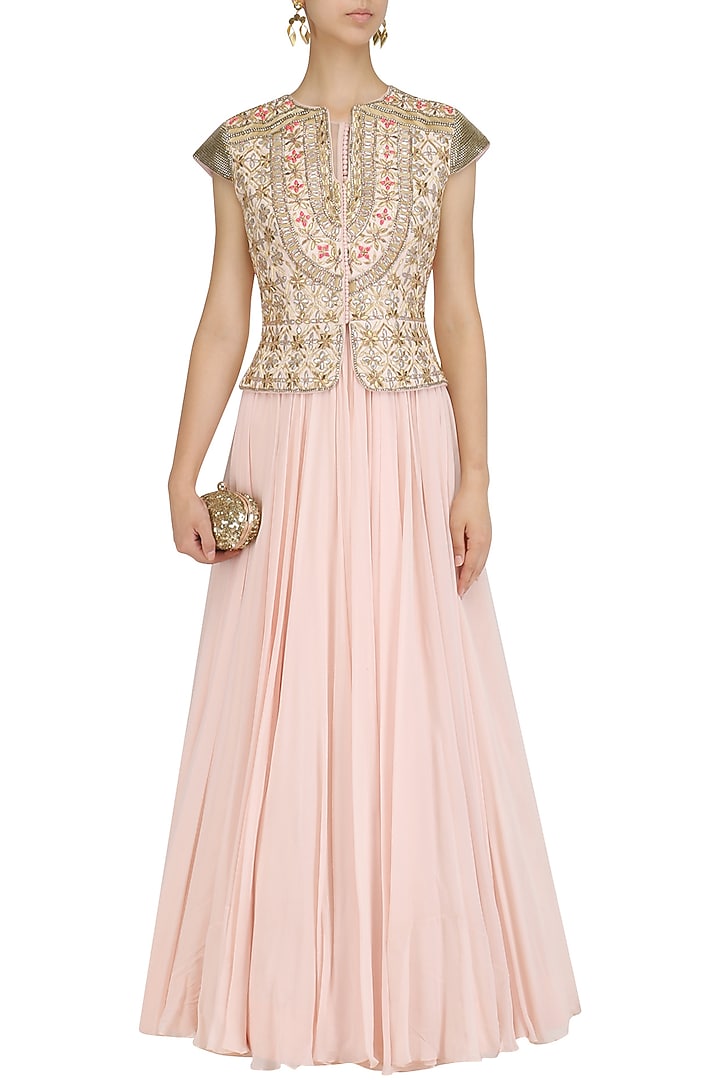 Ice blue anarkali and embroidered peplum jacket hai available only at Pernia's Pop Up Shop.