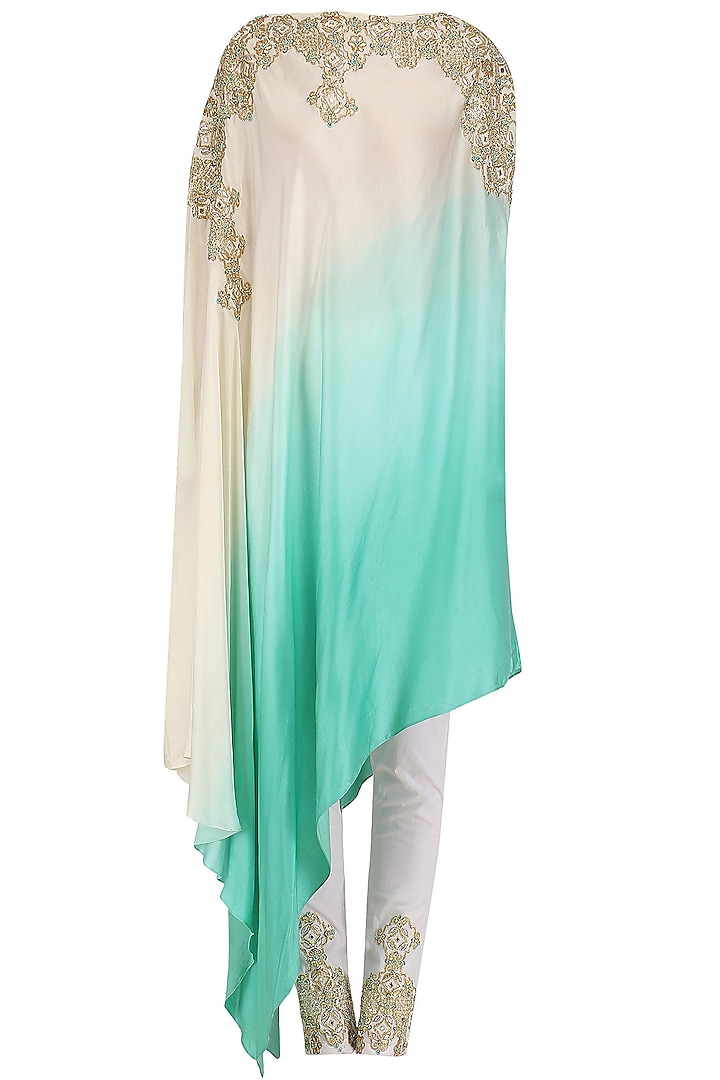 White and blue one shoulder kaftan and pants set available only at Pernia's Pop Up Shop.