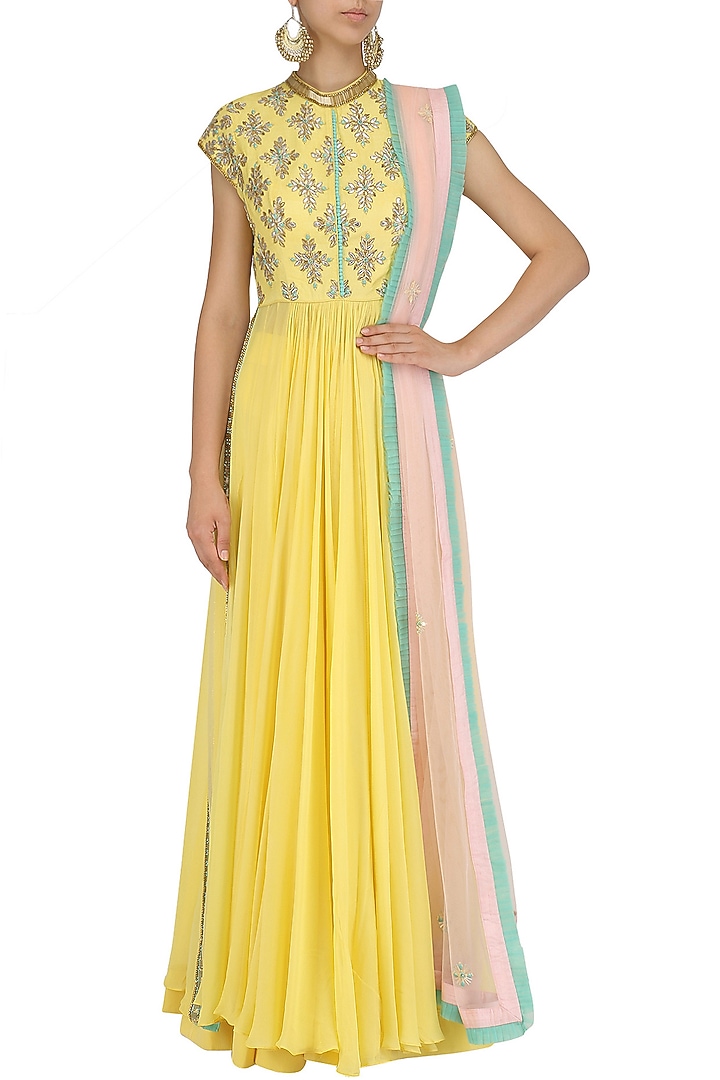 Yellow sequins embroidered kalidaar anarkali and pants set available only at Pernia's Pop Up Shop.