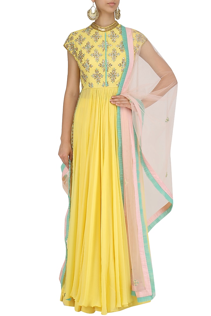 Yellow sequins embroidered kalidaar anarkali and pants set available only at Pernia's Pop Up Shop.