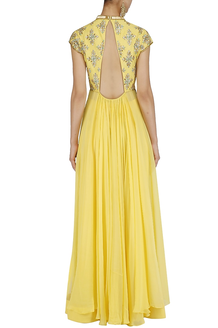 Yellow sequins embroidered kalidaar anarkali and pants set available only at Pernia's Pop Up Shop.