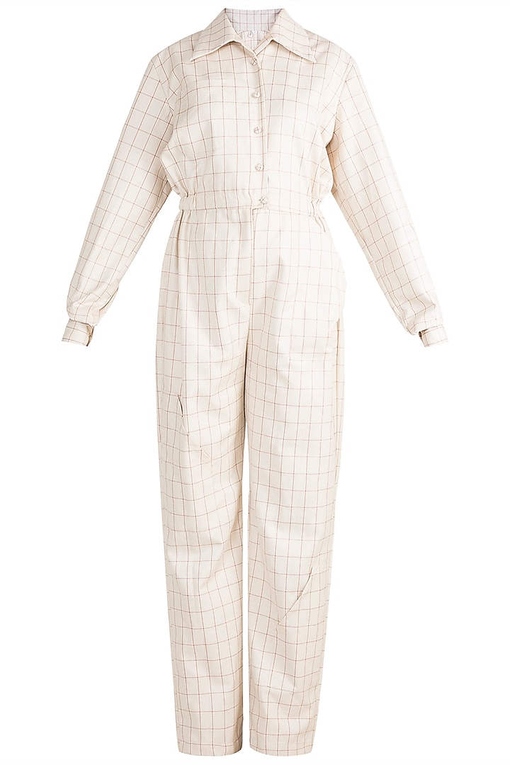 Off White Checkered Oversized Jumpsuit by Deme by Gabriella