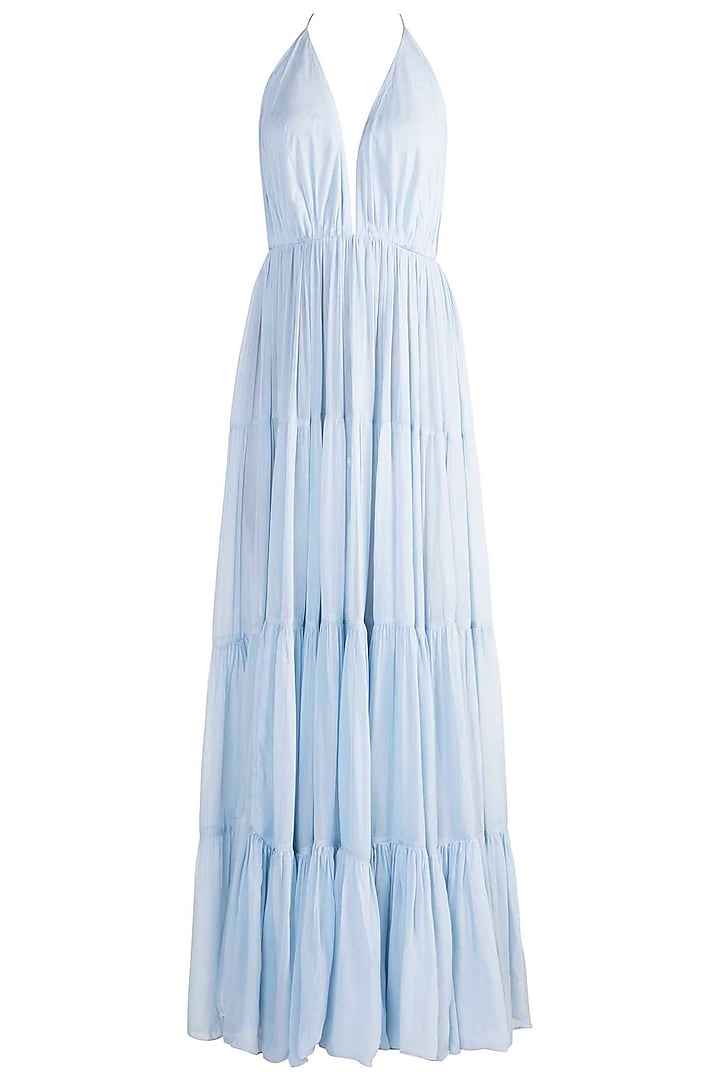 Baby Blue Tiered Halter Gown With Pink Leather Bag by Deme by Gabriella