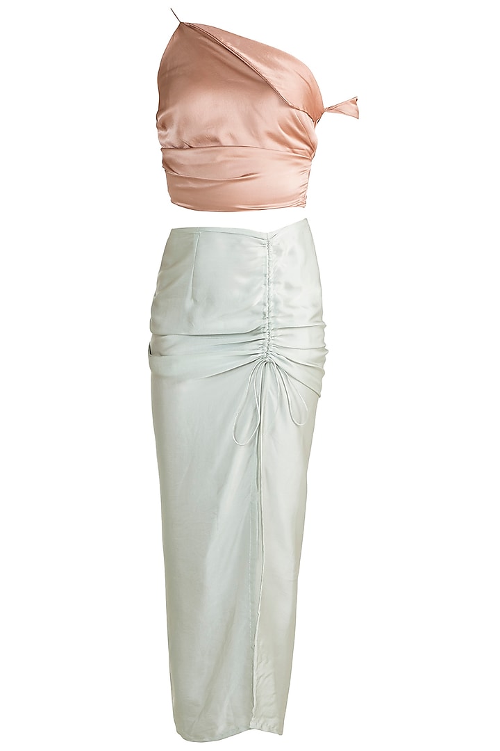 Champagne One Shoulder Crop Top With Mint Green Skirt by Deme by Gabriella