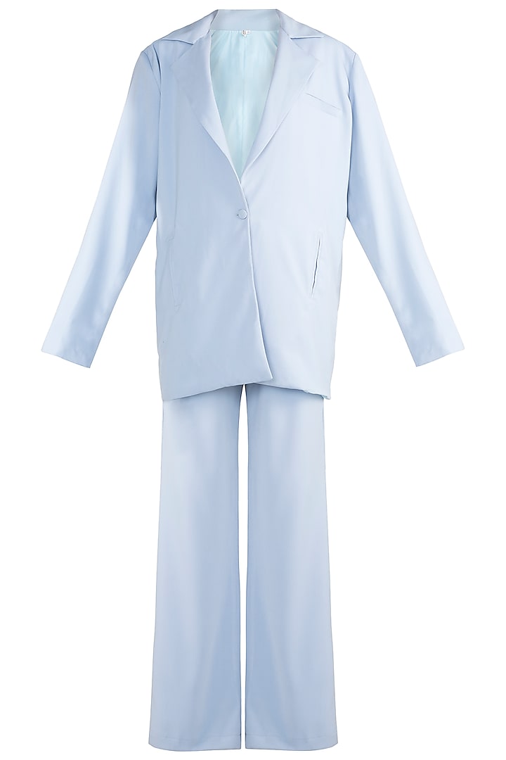 Baby Blue Oversized Suit Set With Green Leather Bag by Deme by Gabriella