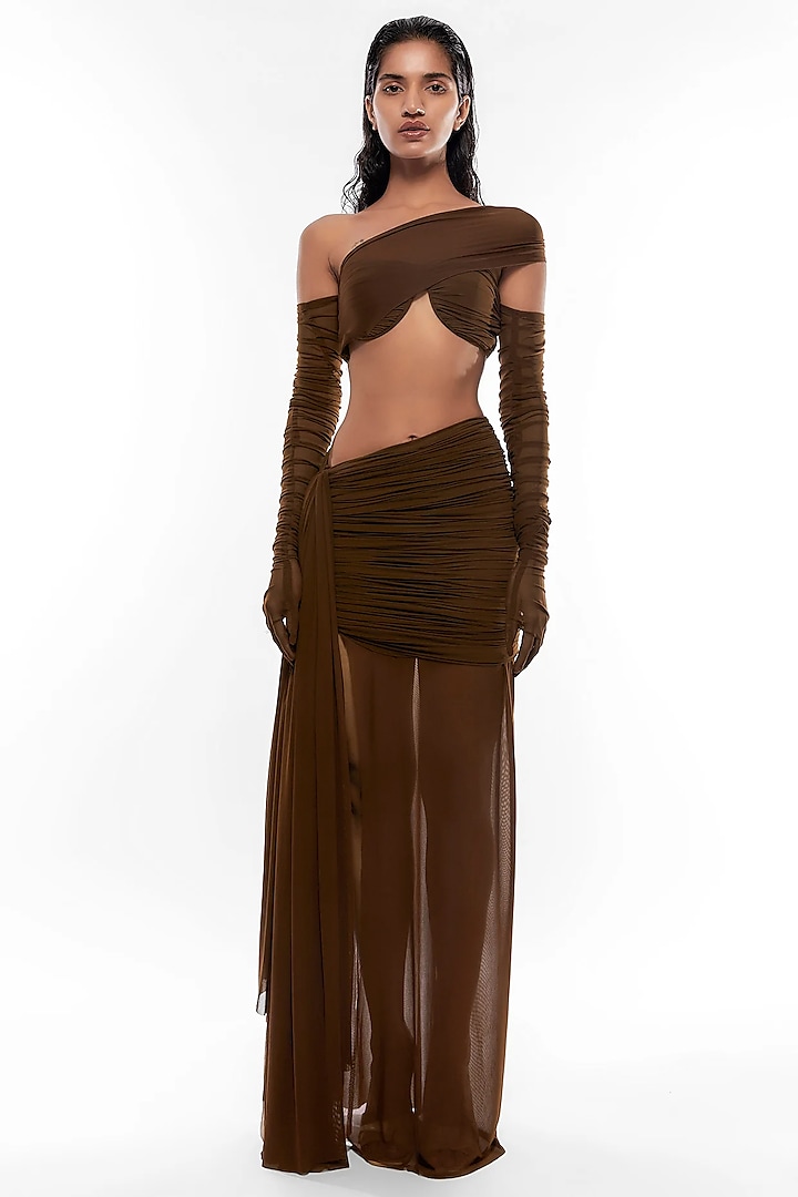 Chocolate Brown Net Draped Skirt Set by Deme by Gabriella at Pernia's Pop Up Shop