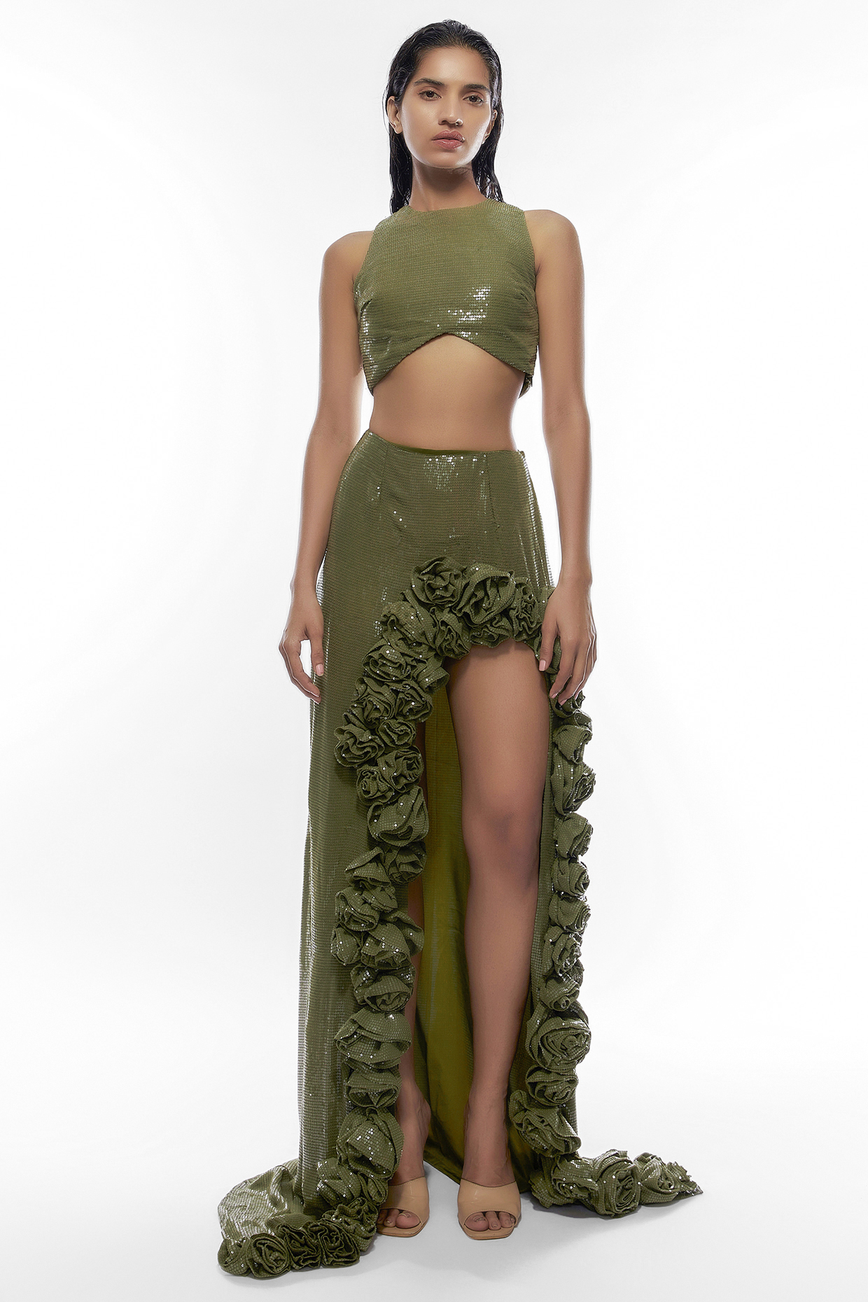 Olive Green Sequins & Chiffon Skirt Set by Deme by Gabriella at Pernia's Pop Up Shop