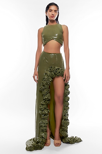 Olive Green Sequins & Chiffon Skirt Set by Deme by Gabriella at Pernia's Pop Up Shop