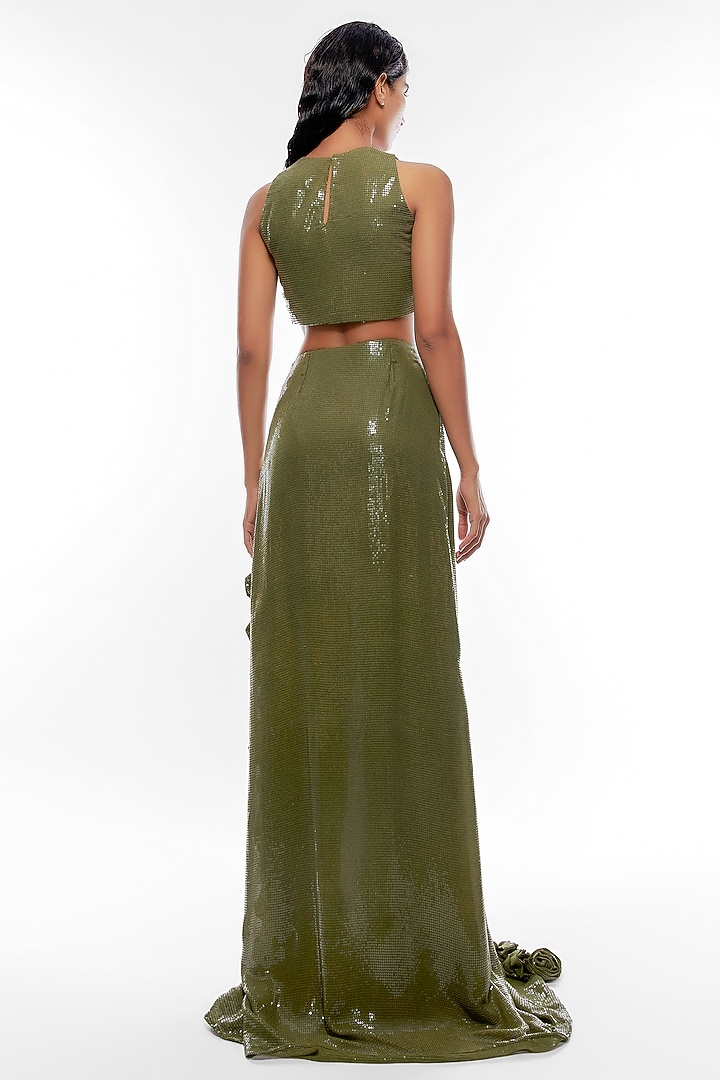 Olive Green Sequins & Chiffon Skirt Set by Deme by Gabriella at Pernia's Pop Up Shop