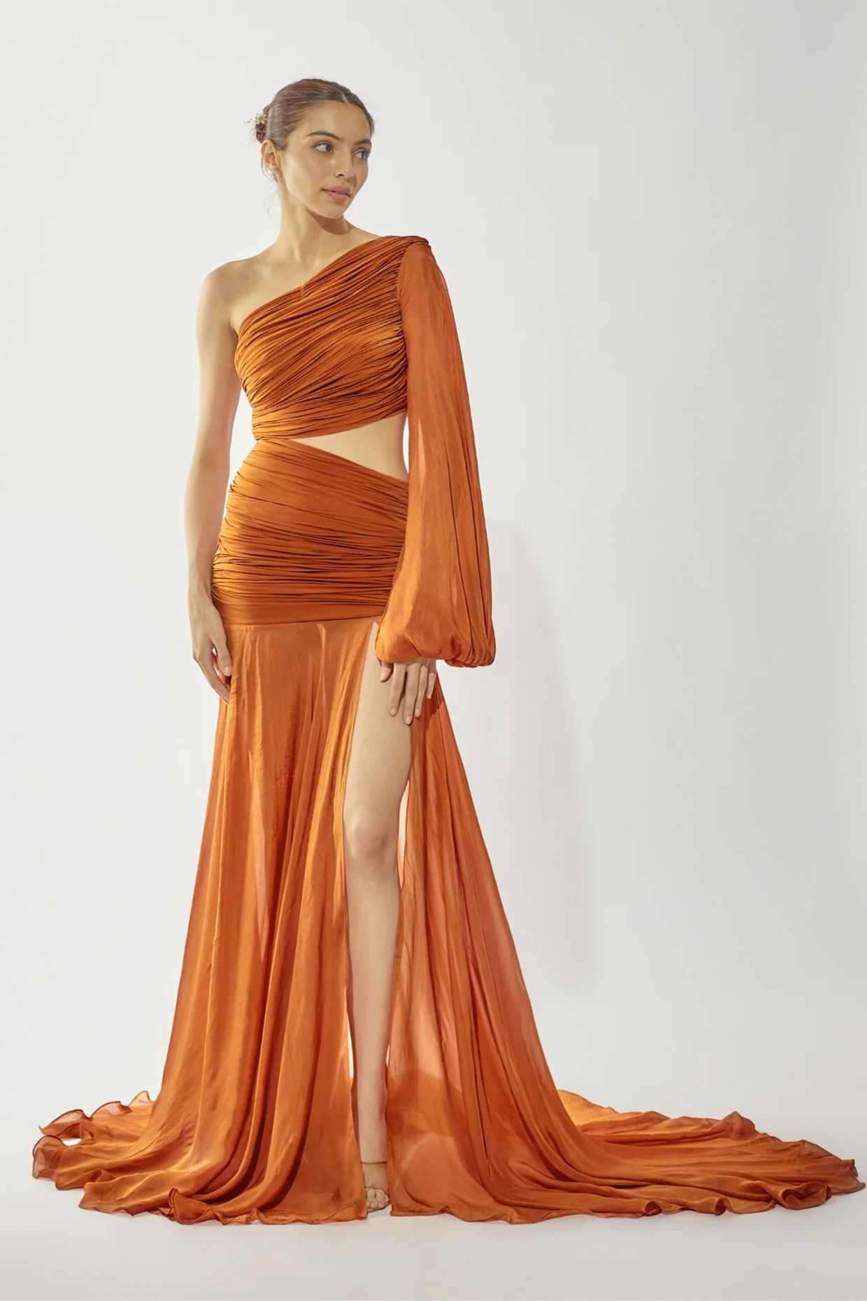 Rust Malai Lycra & Chiffon Party Wear Gown by Deme by Gabriella at Pernia's Pop Up Shop