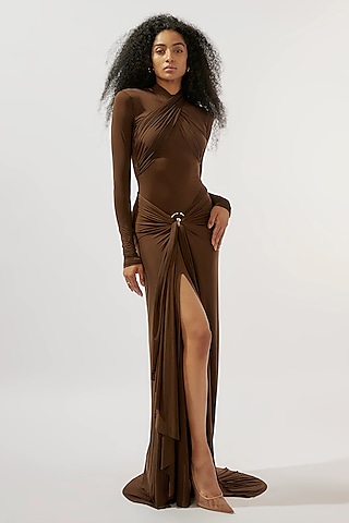 Chocolate Brown Malai Lycra Ruched Draped Gown by Deme by Gabriella