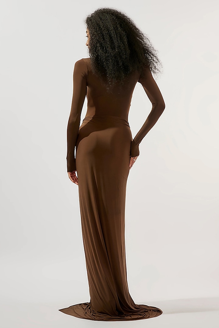 Chocolate Brown Malai Lycra Ruched Draped Engagement Gown by Deme by Gabriella at Pernia's Pop Up Shop