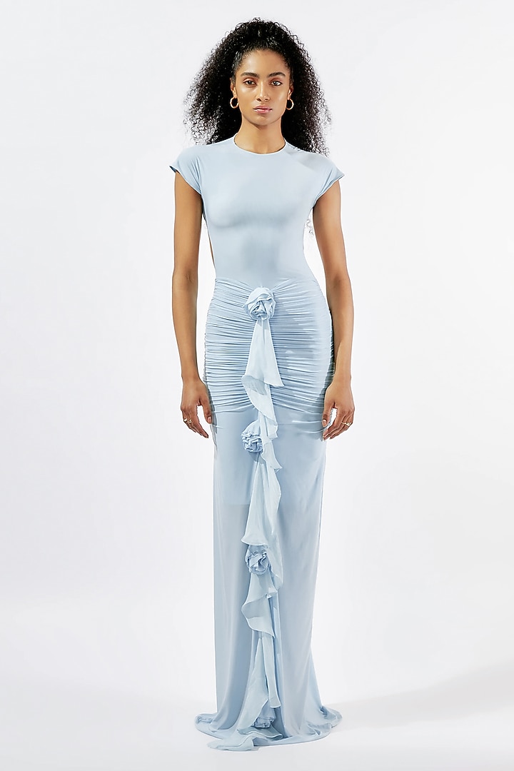 Baby Blue Malai Lycra & Chiffon Ruched Engagement Gown by Deme by Gabriella at Pernia's Pop Up Shop