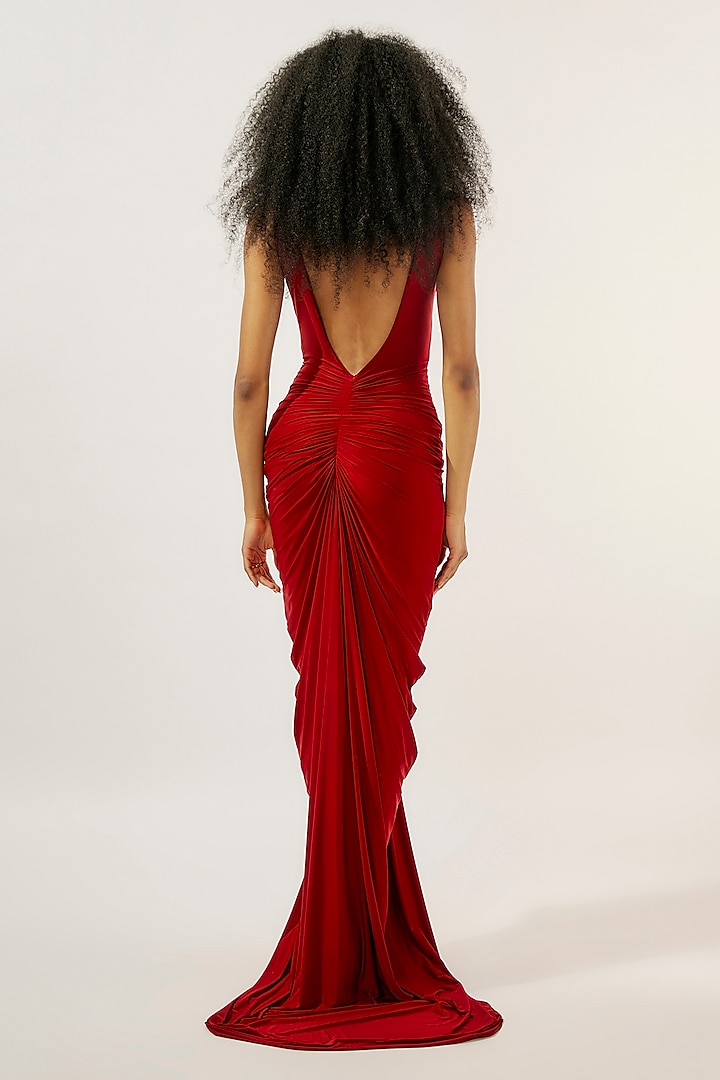 Maroon Malai Lycra & Mesh Ruched Engagement Gown by Deme by Gabriella at Pernia's Pop Up Shop