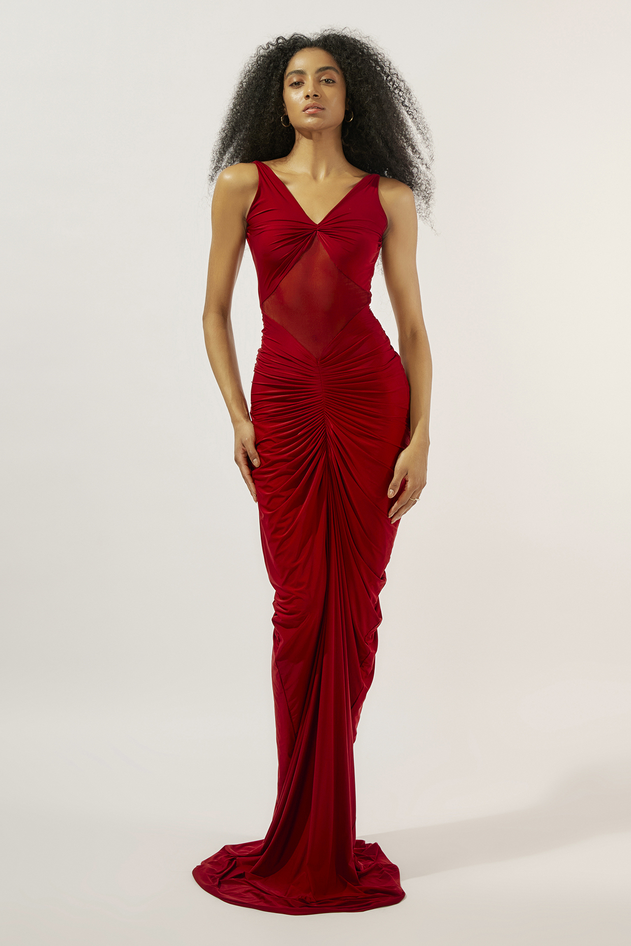 Maroon Malai Lycra & Mesh Ruched Party Wear Gown by Deme by Gabriella at Pernia's Pop Up Shop