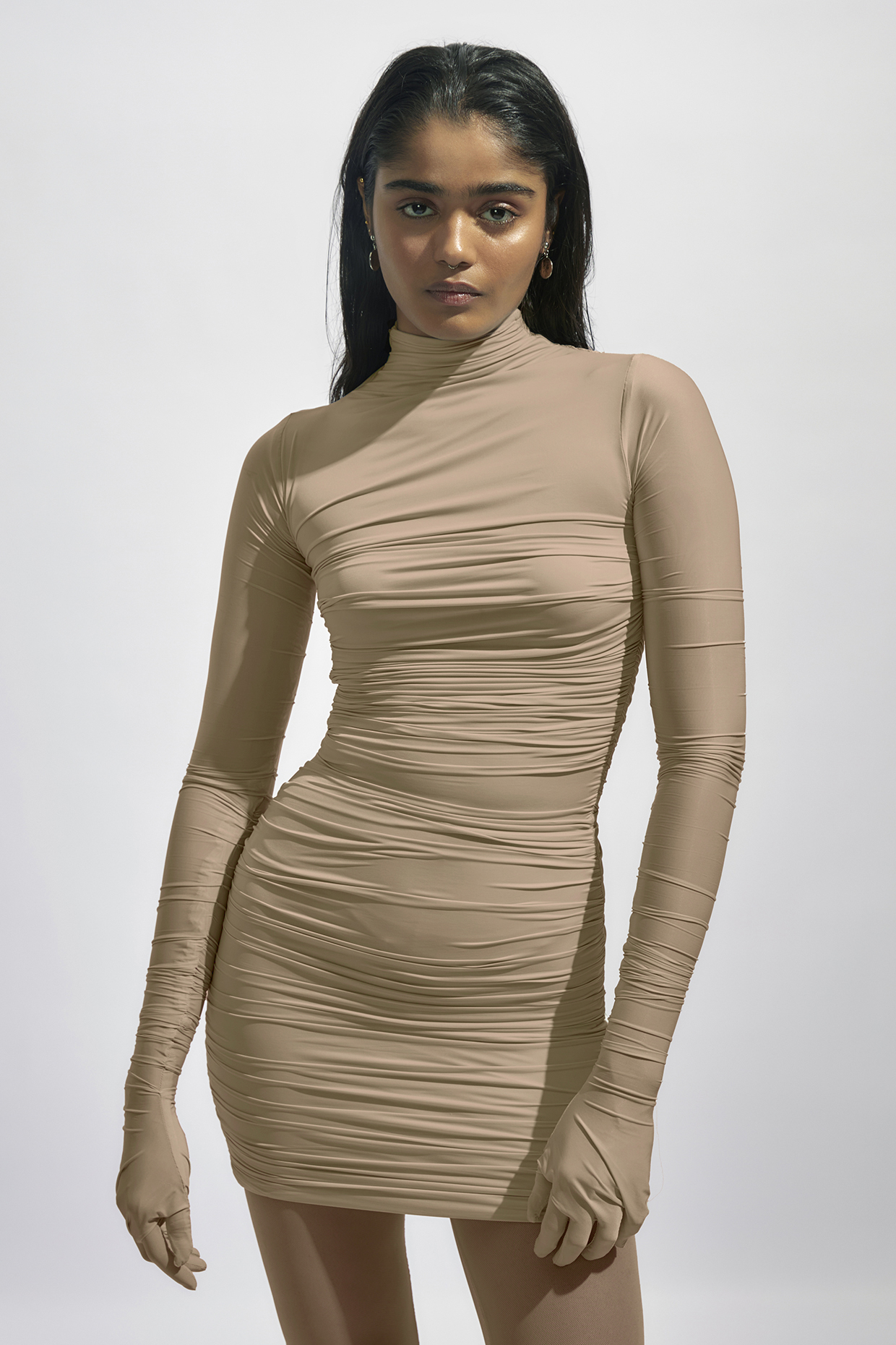 Grey Malai Lycra & Net Ruched Vacation Dress With Stockings by Deme by Gabriella at Pernia's Pop Up Shop