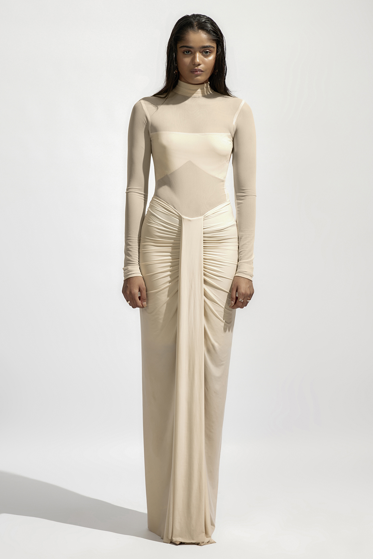 Off-White Malai Lycra & Net Draped High Neck Vacation Dress by Deme by Gabriella at Pernia's Pop Up Shop