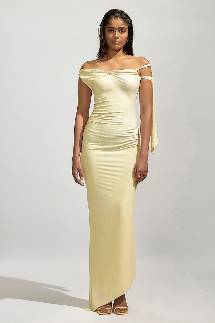 Butter Yellow Malai Lycra One Shoulder Vacation Dress by Deme by Gabriella at Pernia's Pop Up Shop