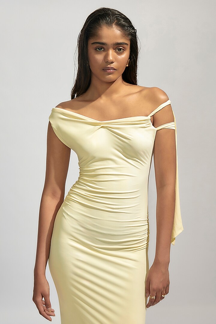 Butter Yellow Malai Lycra One Shoulder Vacation Dress by Deme by Gabriella at Pernia's Pop Up Shop