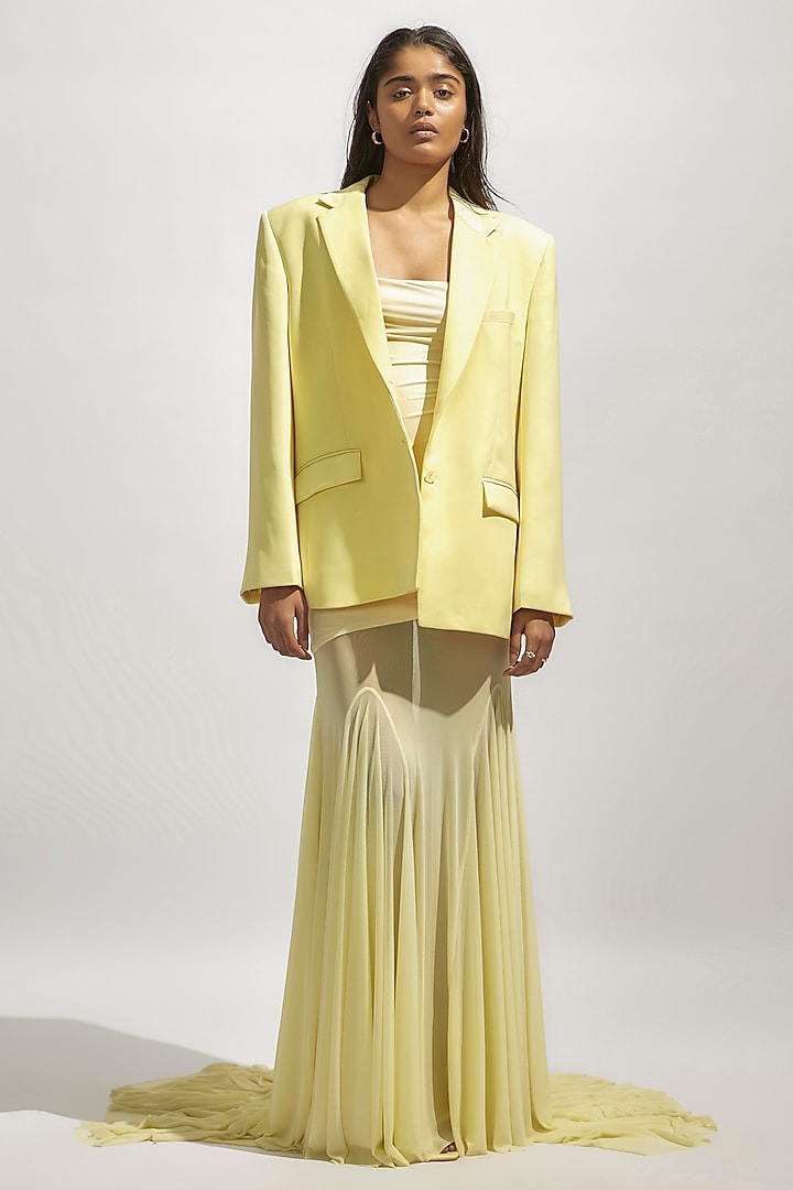 Butter Yellow Malai Lycra & Net Party Wear Dress With Blazer by Deme by Gabriella at Pernia's Pop Up Shop