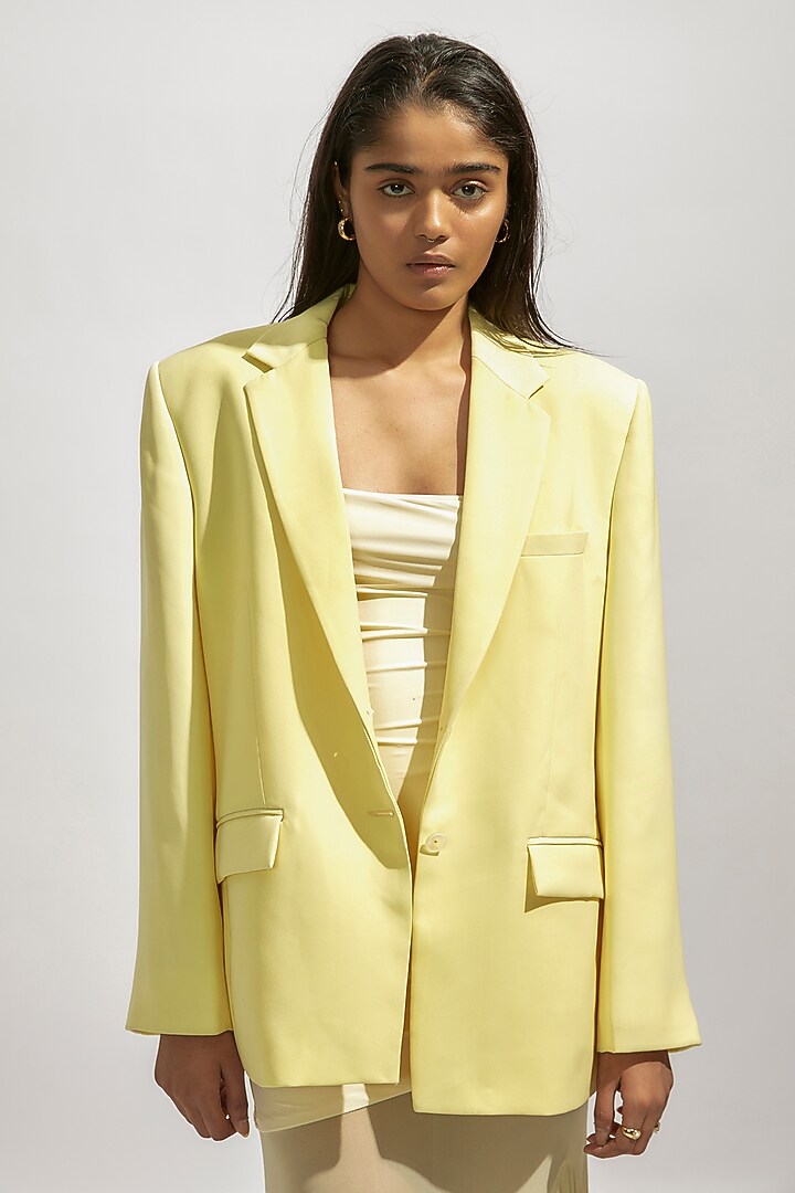 Butter Yellow Malai Lycra & Net Party Wear Dress With Blazer by Deme by Gabriella at Pernia's Pop Up Shop
