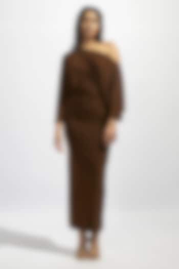 Brown Malai Lycra Off-Shoulder Draped Vacation Dress by Deme by Gabriella at Pernia's Pop Up Shop