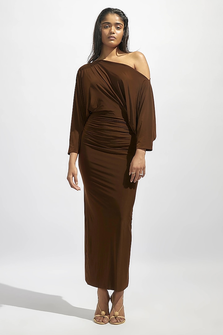 Brown Malai Lycra Off-Shoulder Draped Vacation Dress by Deme by Gabriella at Pernia's Pop Up Shop