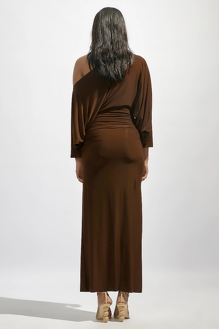 Brown Malai Lycra Off-Shoulder Draped Vacation Dress by Deme by Gabriella at Pernia's Pop Up Shop