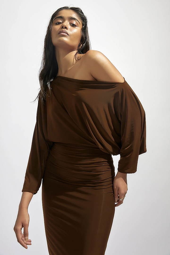 Brown Malai Lycra Off-Shoulder Draped Vacation Dress by Deme by Gabriella at Pernia's Pop Up Shop