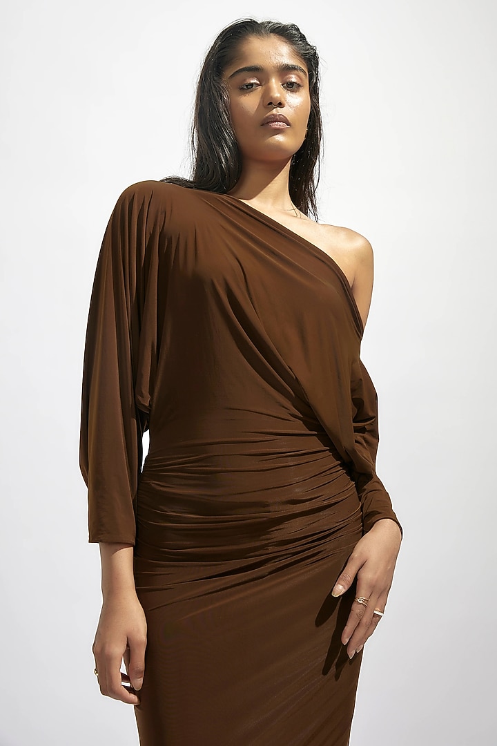 Brown Malai Lycra Off-Shoulder Draped Vacation Dress by Deme by Gabriella at Pernia's Pop Up Shop