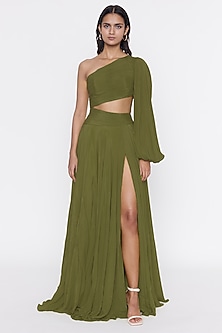Parrot Green Crepe Gown by Deme by Gabriella-TRENDING NOW