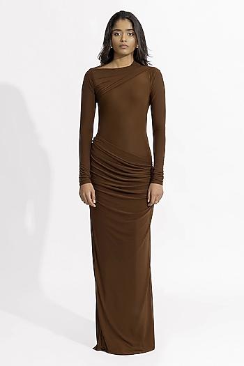 Chocolate Brown Malai Lycra & Net Engagement Gown by Deme by Gabriella at Pernia's Pop Up Shop