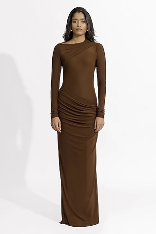 Chocolate Brown Malai Lycra & Net Gown by Deme by Gabriella