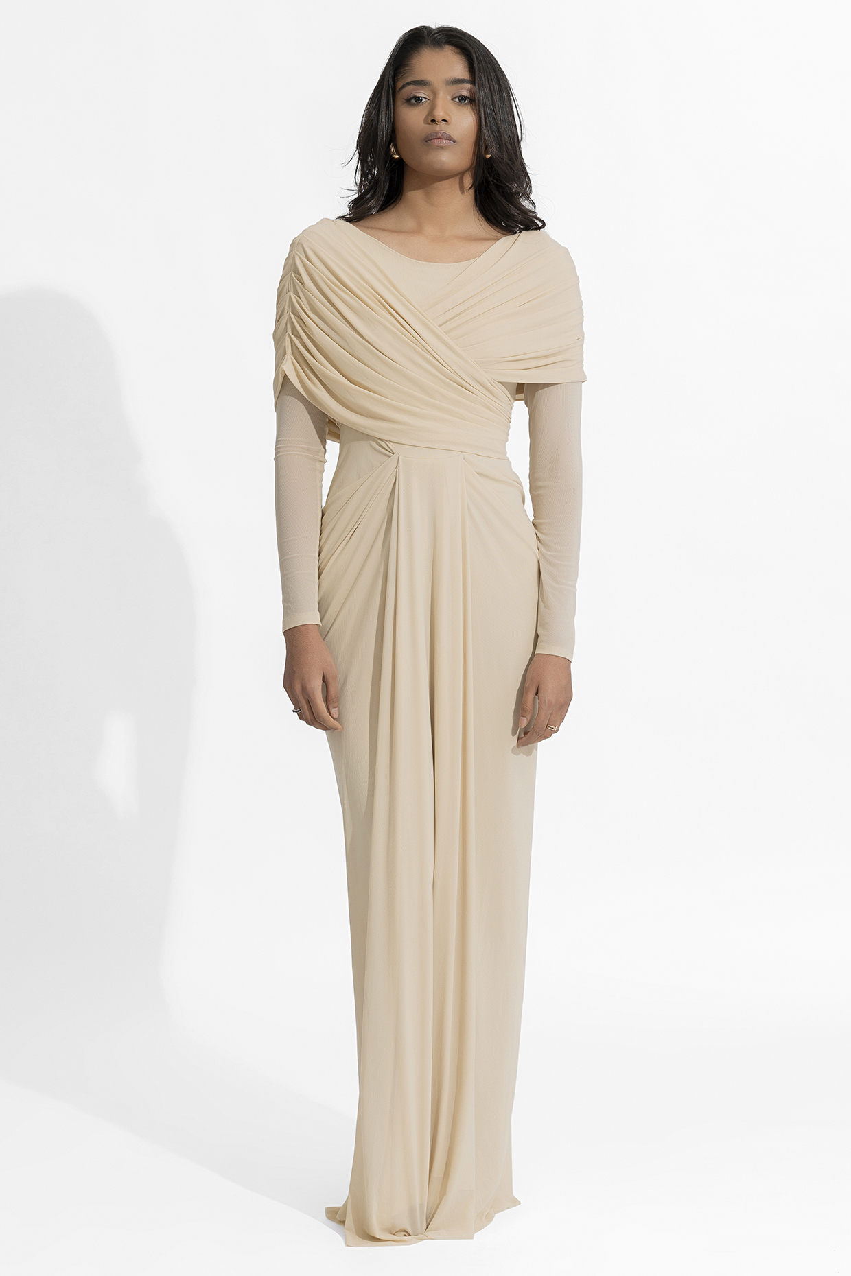 Beige Malai Lycra & Net Draped Engagement Gown by Deme by Gabriella at Pernia's Pop Up Shop