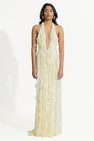 Off-White Malai Lycra & Net Ruffled Gown by Deme by Gabriella
