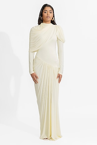 Off-White Malai Lycra & Net Draped Gown by Deme by Gabriella
