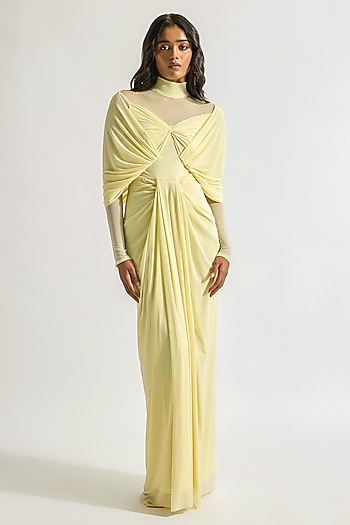 Butter Yellow Malai Lycra & Net Draped Cocktail Dress by Deme by Gabriella at Pernia's Pop Up Shop