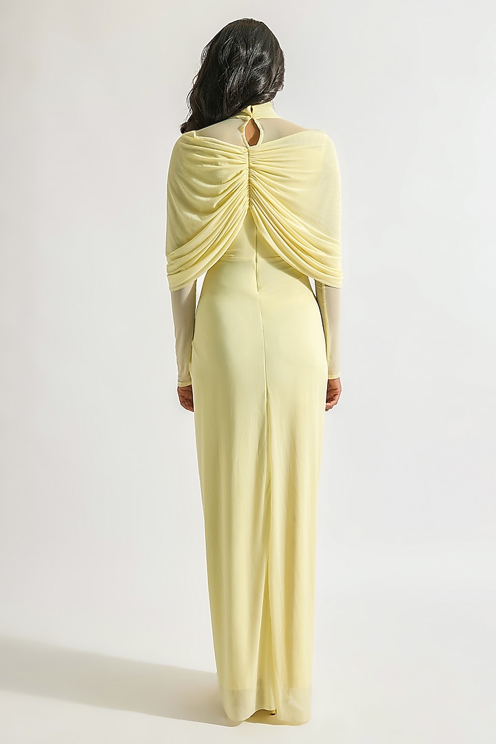 Butter Yellow Malai Lycra & Net Draped Cocktail Dress by Deme by Gabriella at Pernia's Pop Up Shop