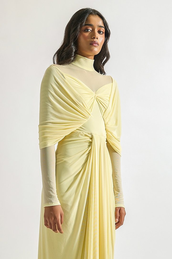 Butter Yellow Malai Lycra & Net Draped Cocktail Dress by Deme by Gabriella at Pernia's Pop Up Shop