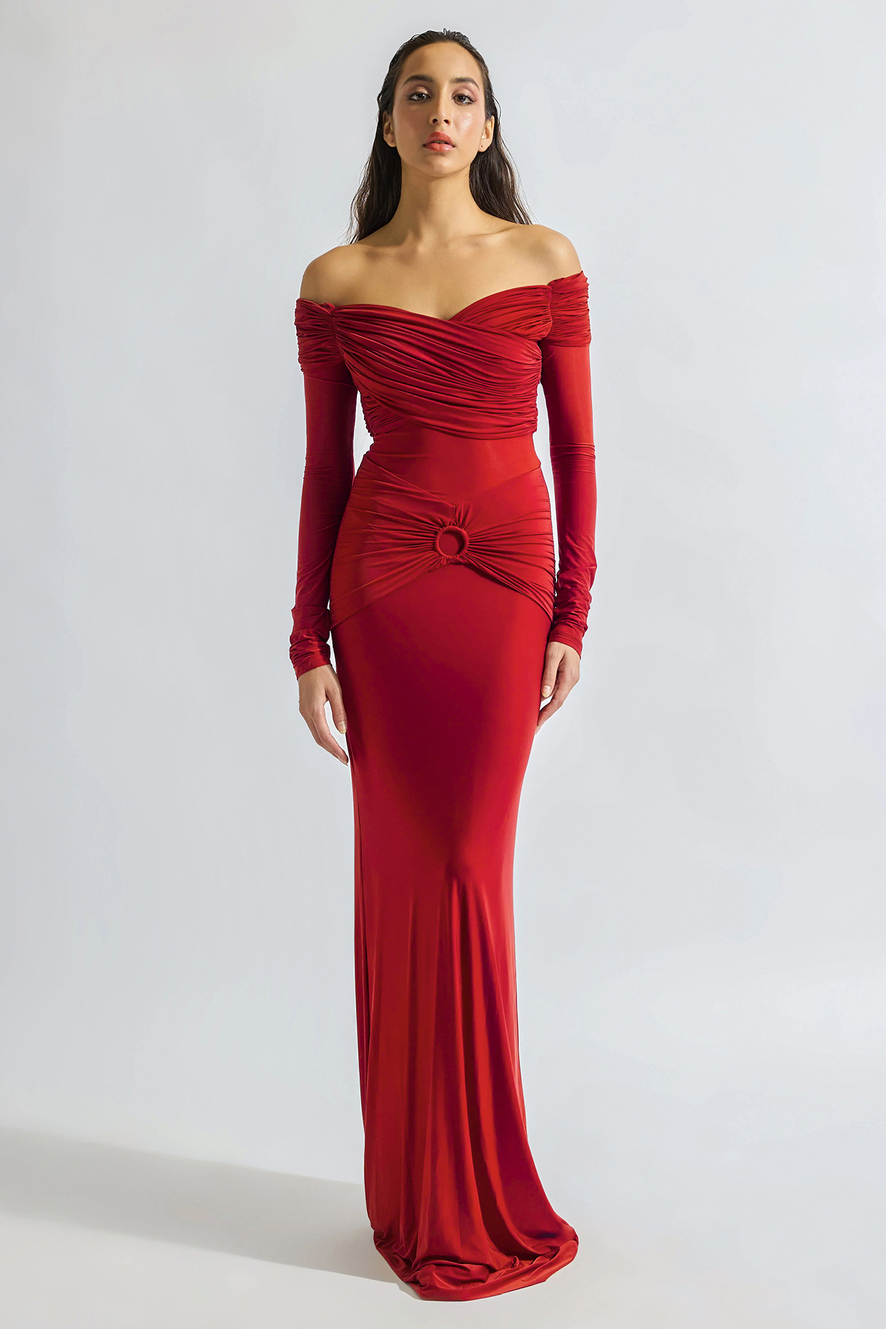 Brick Red Malai Lycra Off-Shoulder Party Wear Gown by Deme by Gabriella at Pernia's Pop Up Shop