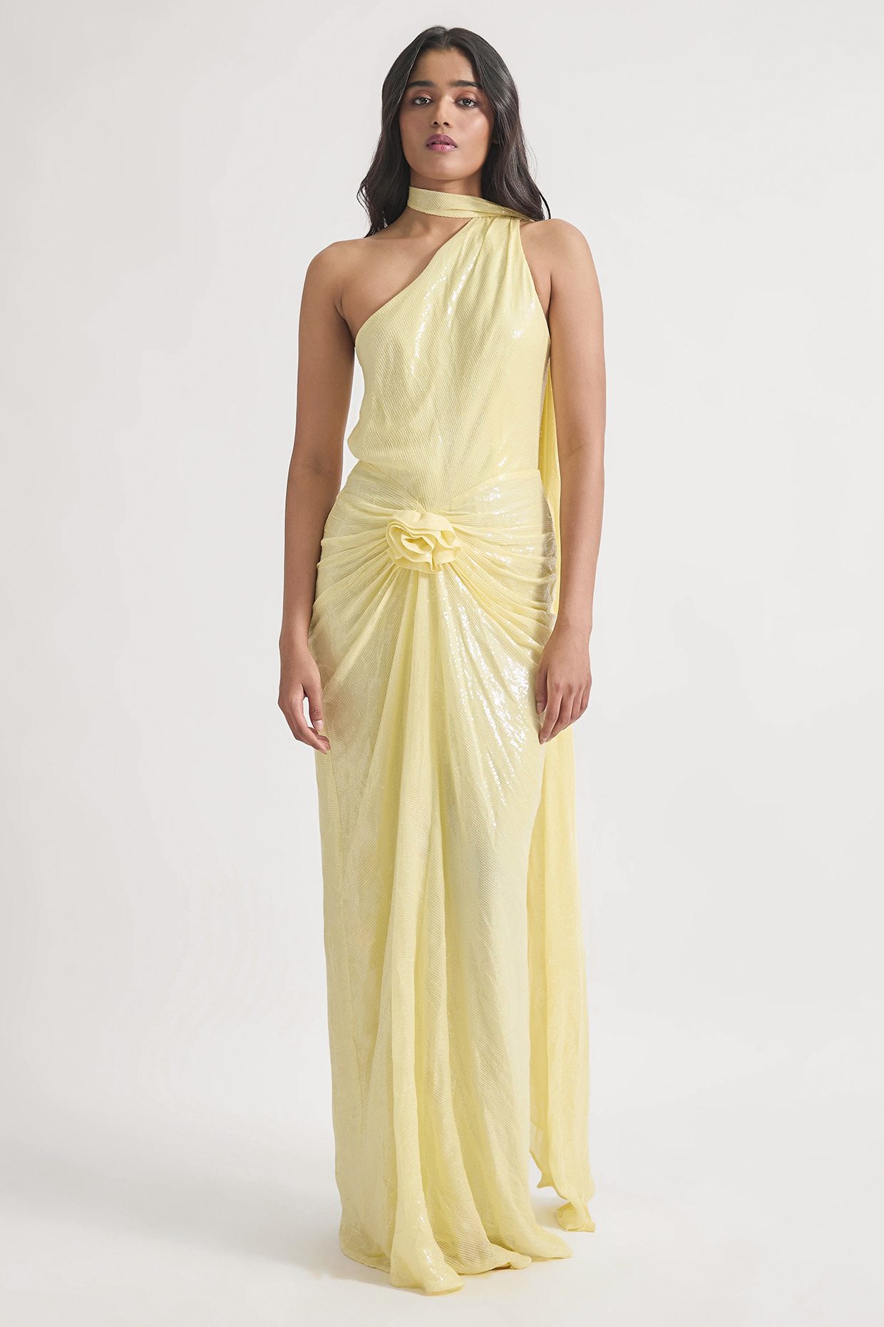 Lime Yellow Sequins One-Shoulder Party Wear Gown by Deme by Gabriella at Pernia's Pop Up Shop