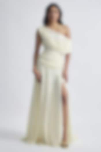 Off-White Crepe One-Shoulder Draped Engagement Gown by Deme by Gabriella at Pernia's Pop Up Shop