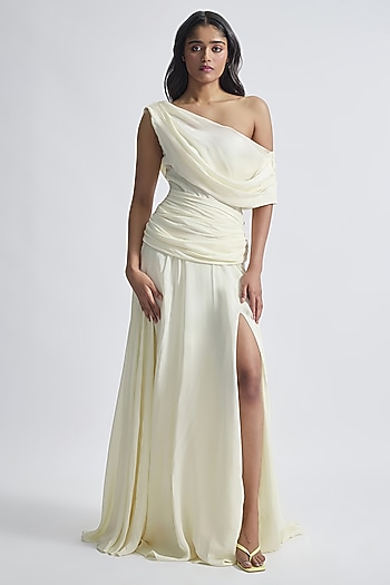 Off-White Crepe One-Shoulder Draped Engagement Gown by Deme by Gabriella at Pernia's Pop Up Shop