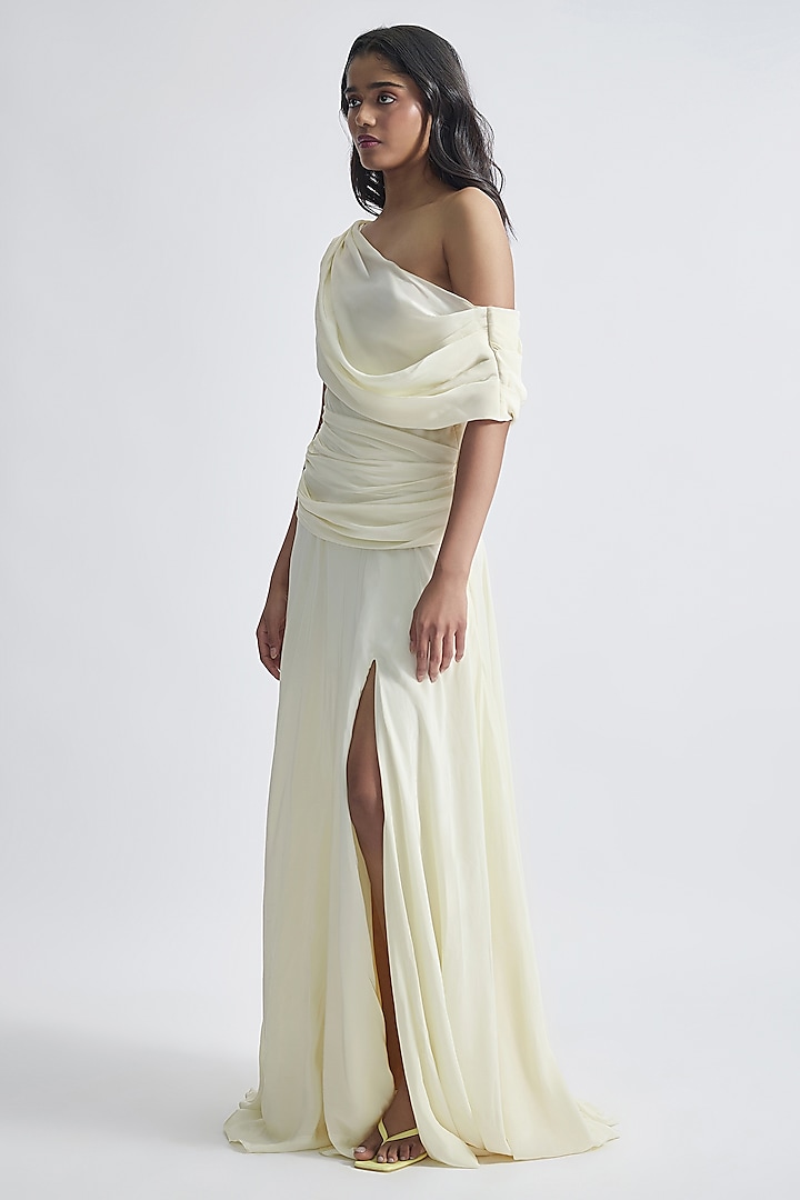Off-White Crepe One-Shoulder Draped Engagement Gown by Deme by Gabriella at Pernia's Pop Up Shop