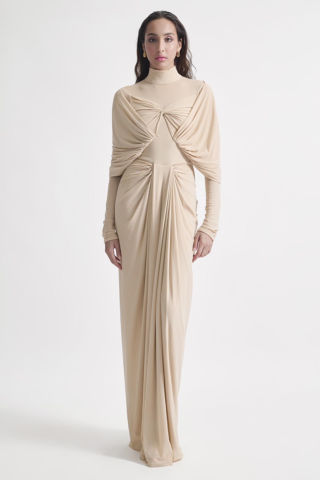 Chalk Beige Malai Lycra & Net Draped Vacation Dress by Deme by Gabriella at Pernia's Pop Up Shop