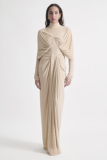Chalk Beige Malai Lycra & Net Draped Cocktail Dress by Deme by Gabriella at Pernia's Pop Up Shop