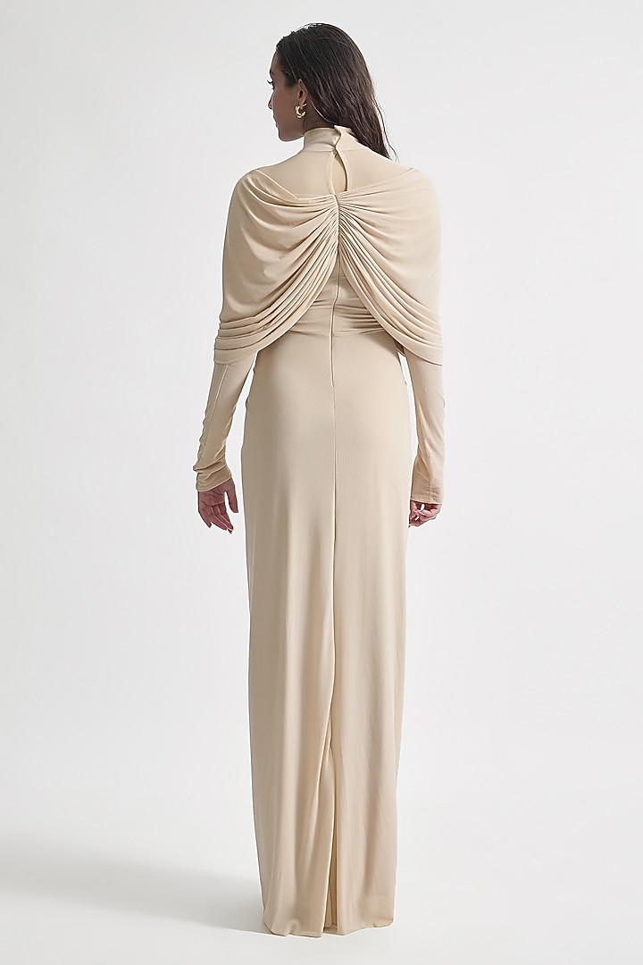 Chalk Beige Malai Lycra & Net Draped Cocktail Dress by Deme by Gabriella at Pernia's Pop Up Shop